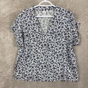 Gap Womens XL Blue White Ditsy Floral V-Neck Short Sleeve Pop Over Blouse Top